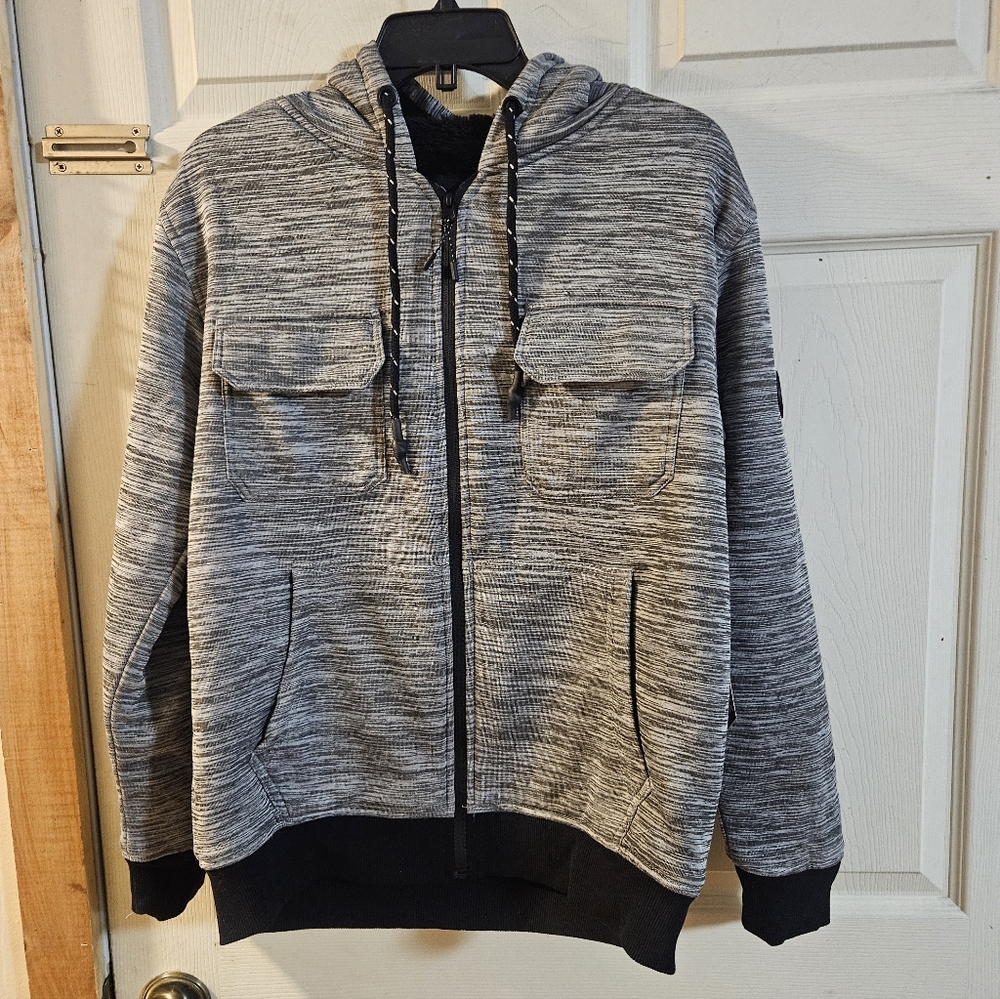 MODERN CULTURE MENS SHERPA LINED FULL ZIP HOODIE: GRAY/BLACK: NEW WITH TAGS: S